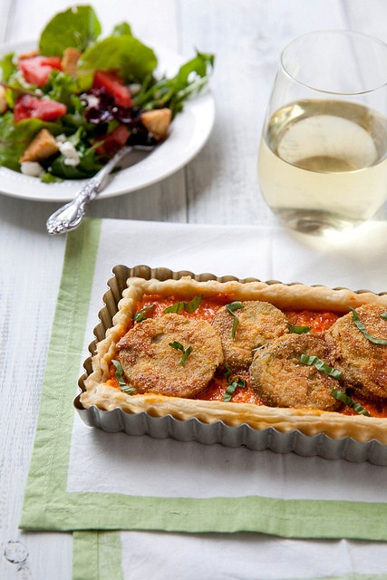 Fried green tomato pimento cheese tart