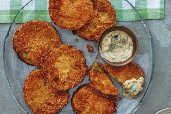 Fried green tomatoes and tangy basil mayo