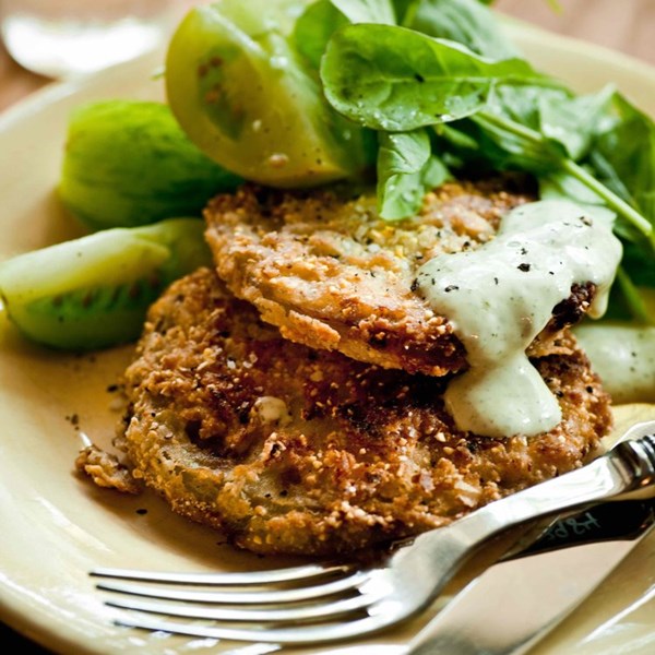 Fried green tomatoes with buttermilk green goddess dressing