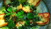 Fried halloumi cheese with lime and caper vinaigrette