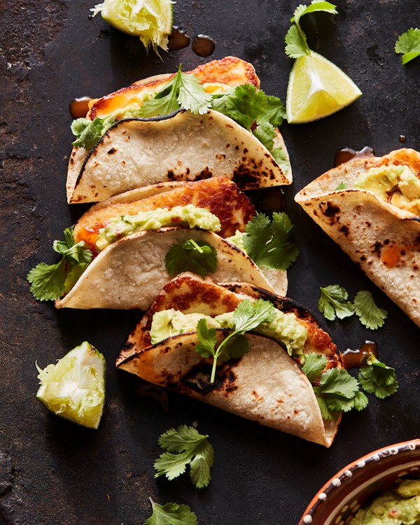 Fried halloumi tacos with guacamole
