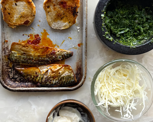 Fried harissa mackerel buns with chimichurri