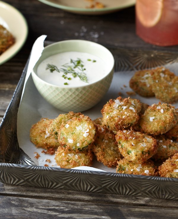 Fried homemade pickles with ranch dressing