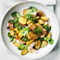 Fried Jersey Royals with mojo verde and goats' cheese