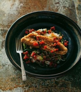 Fried lemon & almond coated King George whiting with warm crab salad