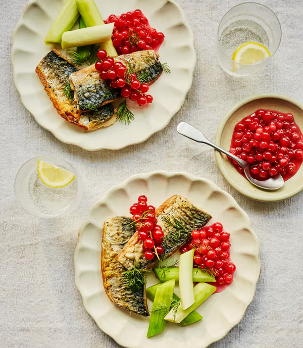 Fried mackerel with shaken redcurrants