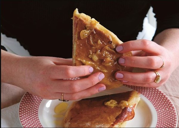 Fried mort 'n' mozz sandwich with honey butter