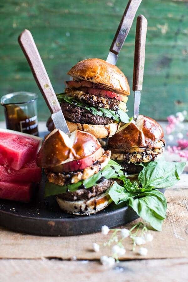 Fried mozzarella and caramelized peach Caprese burger with balsamic drizzle