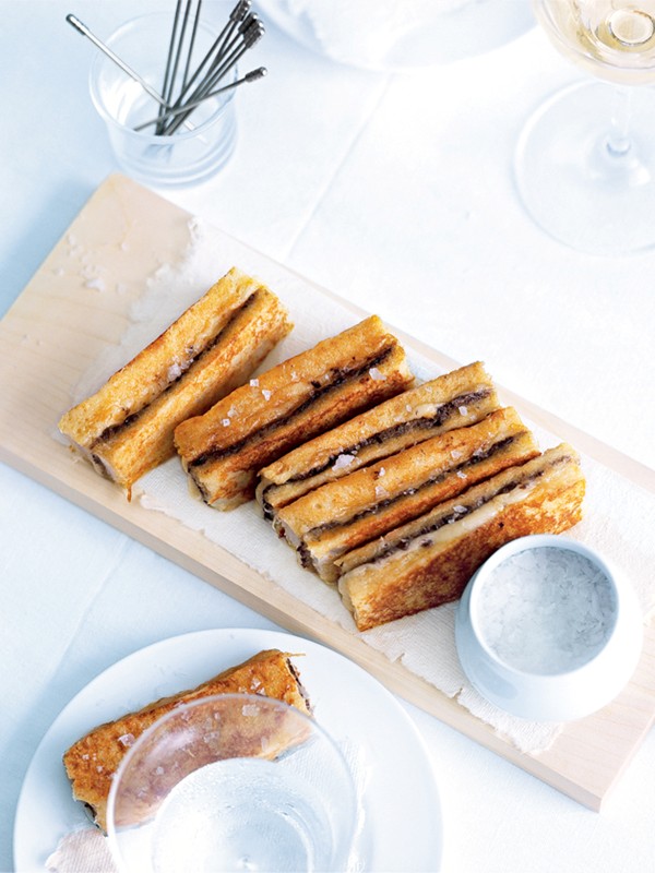 Fried mozzarella and olive finger sandwiches