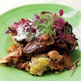 Fried new potato salad with dill, soured cream and chicken livers