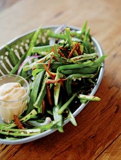 Fried okra salad with harissa mayo