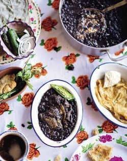Fried omelet cake in black beans (Huevo en frijol)