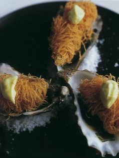 Fried oysters in angel hair with wasabi mayonnaise
