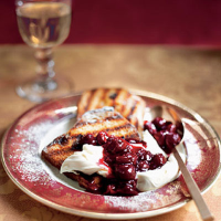 Fried panettone with brandied mascarpone and cherry compote