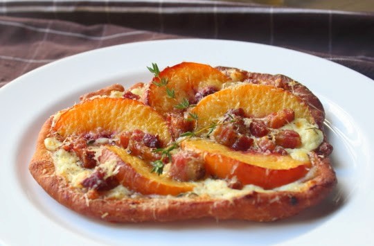 Fried peach & pancetta pizza