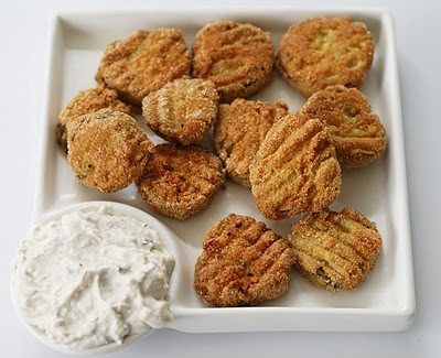 Fried pickle chips with zippy feta dipping sauce