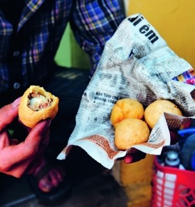 Fried pork and quail egg dumplings