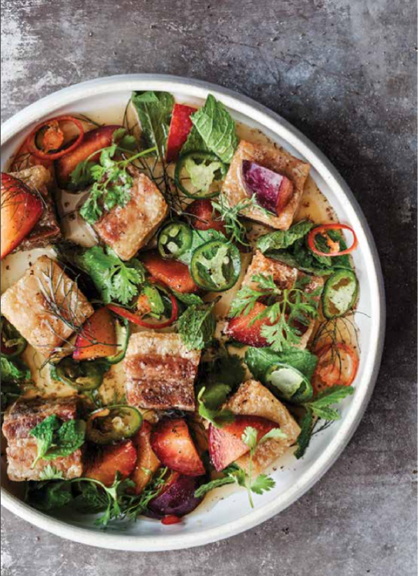 Fried pork belly with plum, fish sauce, herbs, and long pepper