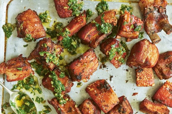 Fried pork (Cuchifrito) with preserved lemon salsa