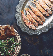 Fried red mullet with crisp bread & tahina (Sultan Ibrahim)