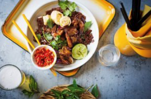 Fried red rice with prawns