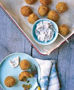 Fried rice and pea balls with coconut aïoli