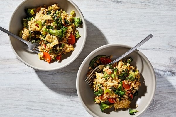 Fried rice with broccoli and mustard greens