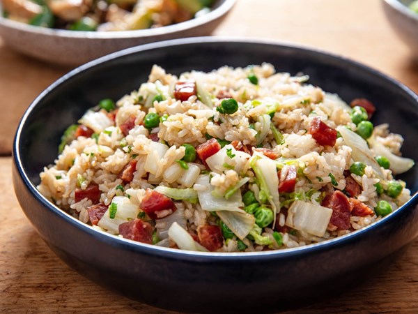 Fried rice with Chinese sausage, cabbage, and torch hei