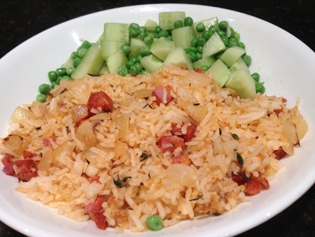 Fried rice with chorizo, fresh thyme, onion, egg