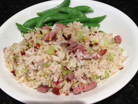 Fried rice with rare roast beef, garlic, leek