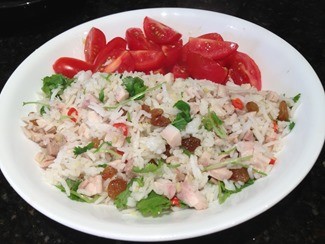 Fried rice with roast chicken, roughly chopped ginger, fresh chilli, coriander, sultanas