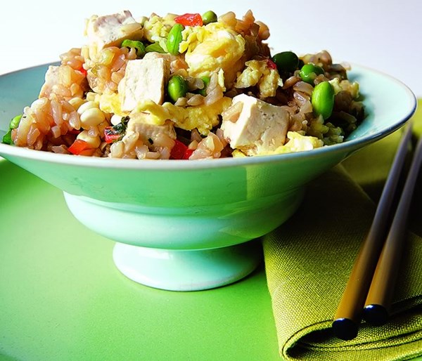 Fried rice with scallions, edamame,  and tofu