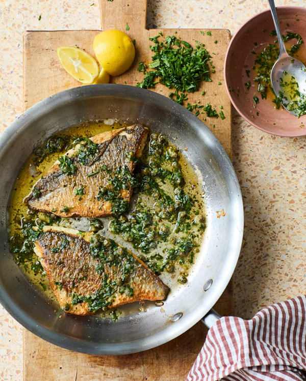 Fried sea bream, lemon and caper burnt butter