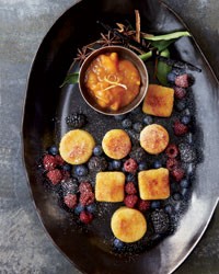 Fried semolina dumplings with apricots and apricot preserves