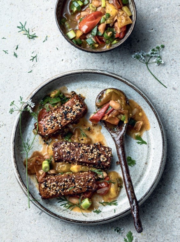 Fried sesame tofu fingers with tomato and fruit chutney
