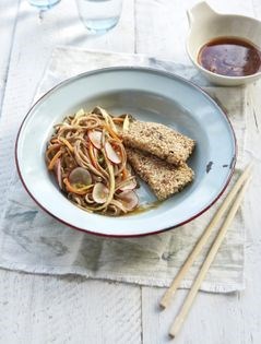 Fried sesame tofu with soba noodle salad