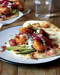 Fried shrimp flatbreads with spicy cardamom sauce