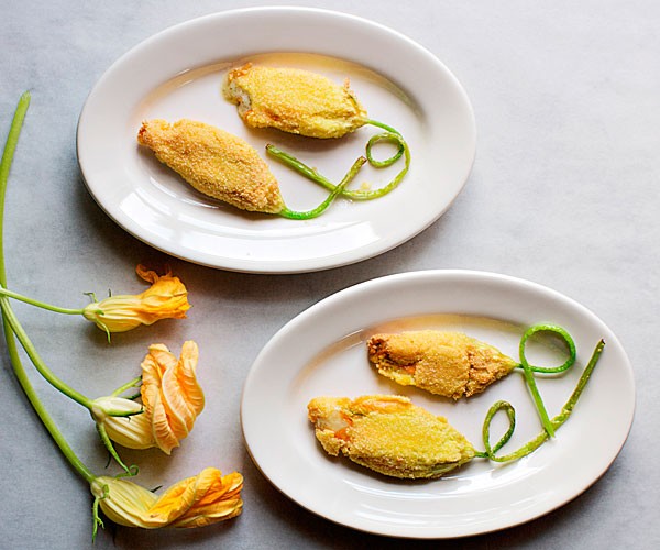 Fried squash blossoms with filberts and Bayley Hazen blue