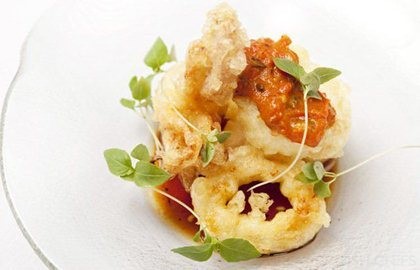 Fried squid with tomato and pepper compôte, tomato salsa and dipping sauce