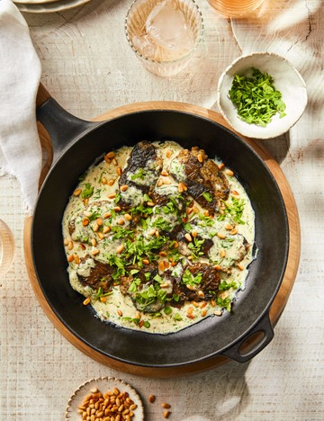 Fried stuffed vine leaves with dill cream