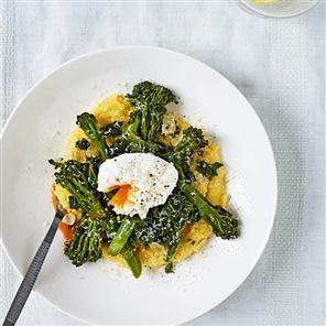 Fried tenderstem and kale with poached eggs and polenta