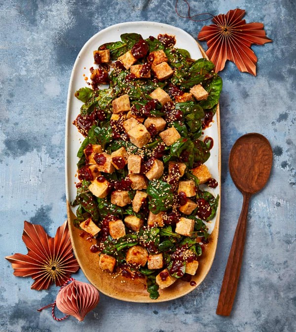 Fried tofu with tomato sambal and spinach