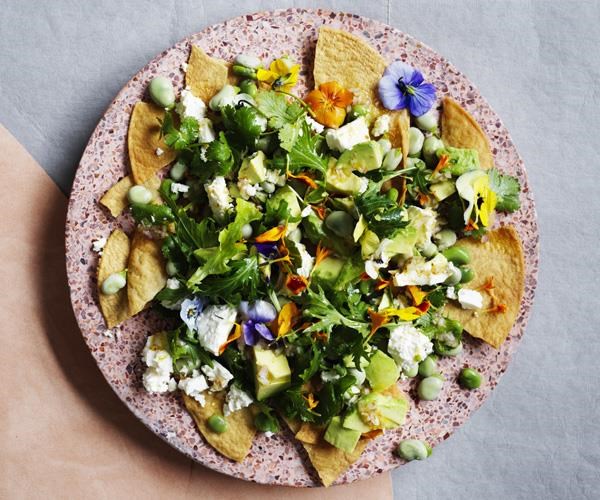 Fried tortillas with broad beans, feta & lime