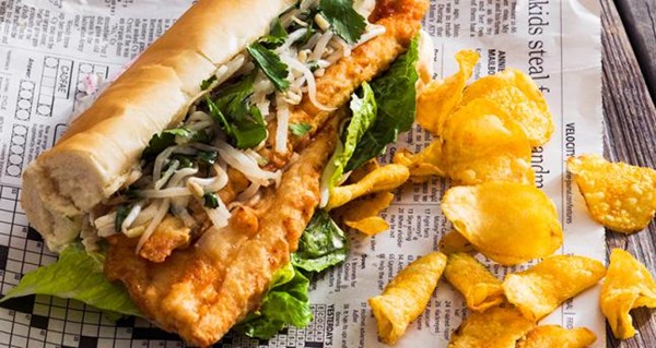 Fried trout sandwiches with pear-ginger-cilantro slaw and spicy mayo