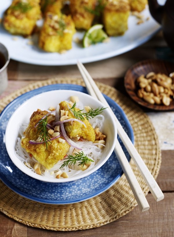 Fried turmeric fish with dill and roasted peanuts