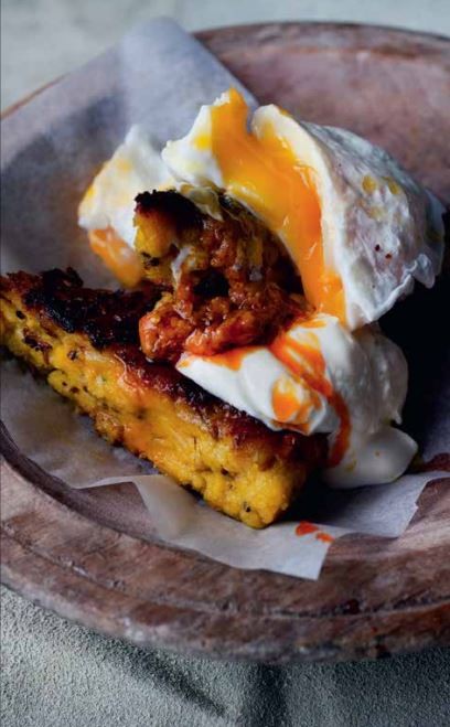 Fried upma with poached egg