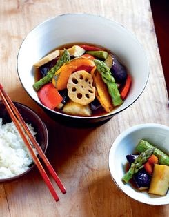 Fried vegetables marinated in dashi (Agebitashi)