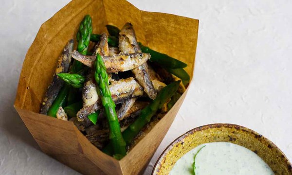 Fried whitebait, asparagus and whipped feta