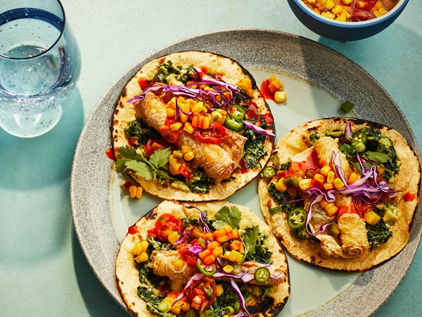 Fried yuba tacos with sweet corn relish