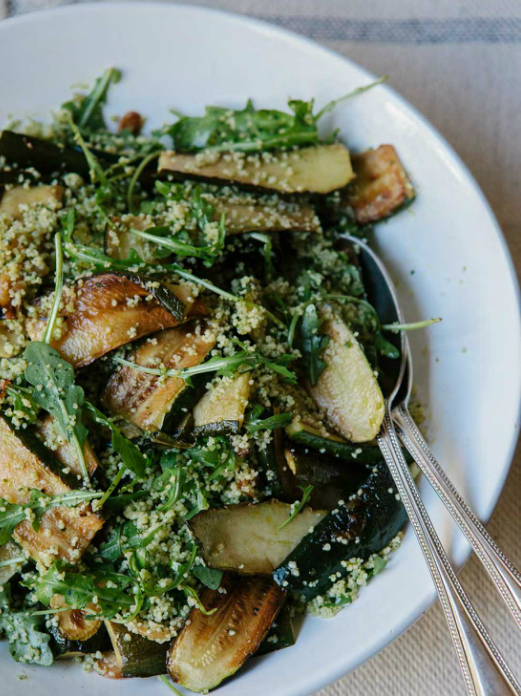 Fried zucchini with green couscous
